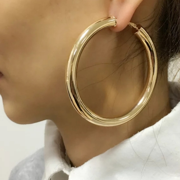 Classic 70mm Wide Gold plated Hoop Women Earrings - Picture 1 of 2